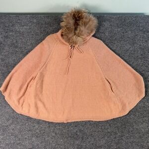 Hooded Knit Cape Poncho M/L Faux Fur Trim Peach Pink Cozy Boho Fall Winter Layer